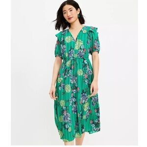 LOFT Green/Yellow Floral Tie Waist Ruffle V-Neck Midi Dress Sz XS Petite